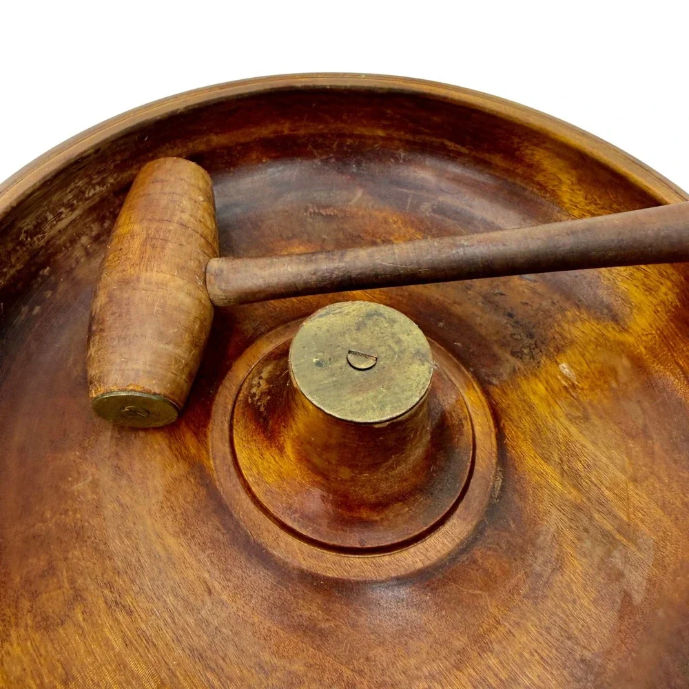Vintage Mid Century Wood‎ Nut Bowl with Mallet Brass Anvil Center 9 Inch Round